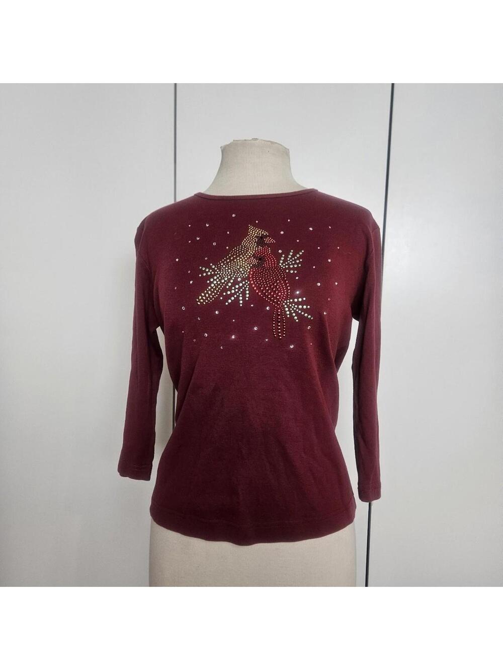 Burgundy long sleeve top with rhinestone cardinal bird design